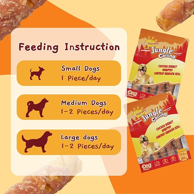 Jungle Calling Dog Treats Smoked Chicken Wrapped Rawhide Rolls, High Protein Dog Chews, Rawhide Chews for Medium and Large Dogs, 10.6 Oz