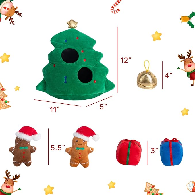 Hollypet Squeaky Dog Toy, Interactive Plush Hide and Seek Dog Toys for Small Medium Sized Dogs and Non-Aggressive Chewers, Puppy Teeth Clean Chew Toys, Christmas Tree