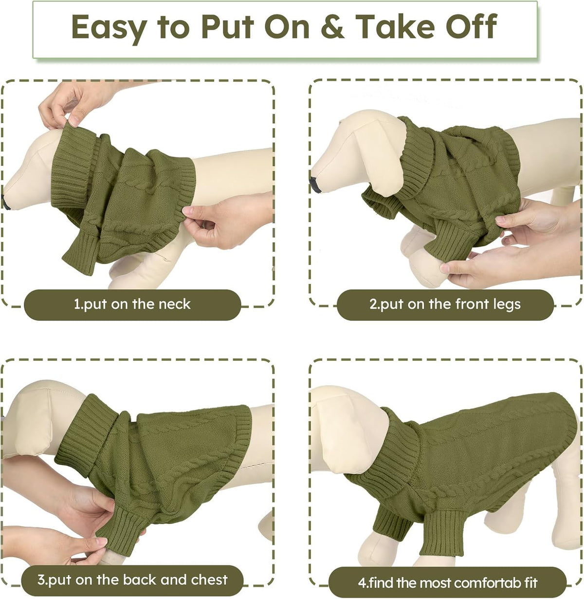 Queenmore Small Dog Pullover Sweater, Cold Weather Cable Knitwear, Classic Turtleneck Thick Warm Clothes for Chihuahua, Bulldog, Dachshund, Pugl,OliveGreen,M