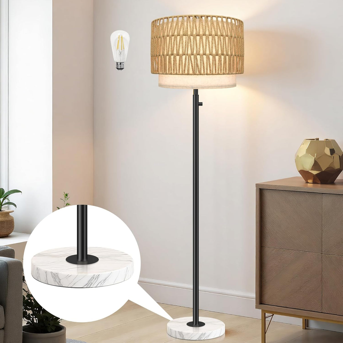 Floor Lamp for Bedroom,Dimmable Rattan Floor Lamp,Modern Standing Lamp with Marble Base,Tall Standing Lamp for Bedroom, Reading,Office & Kids' Room,LED Bulb Included(Rattan)