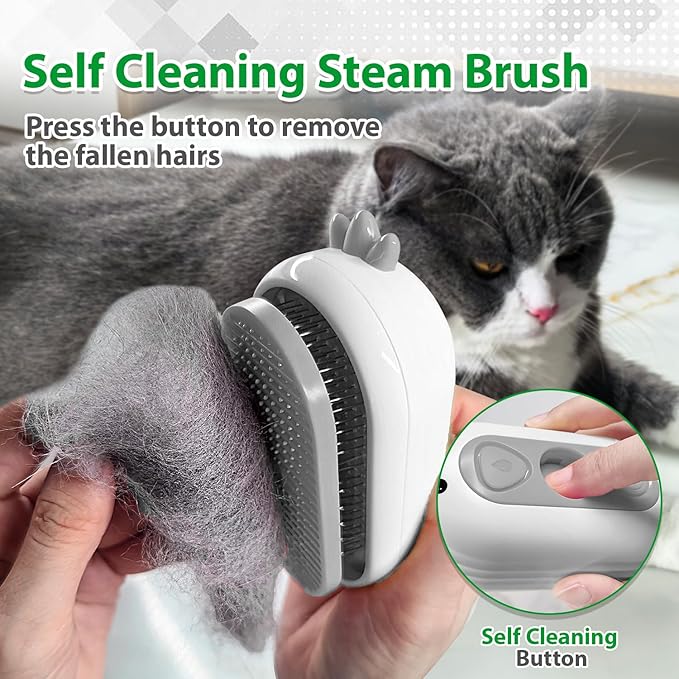 Cat Steam Brush with Release Button, 3 in 1 Rechargeable Pet Spray Water Comb for Long & Short Hair Removal, Self Cleaning Slicker Vapor Brush for Indoor Cats Dogs Rabbits Shedding Grooming