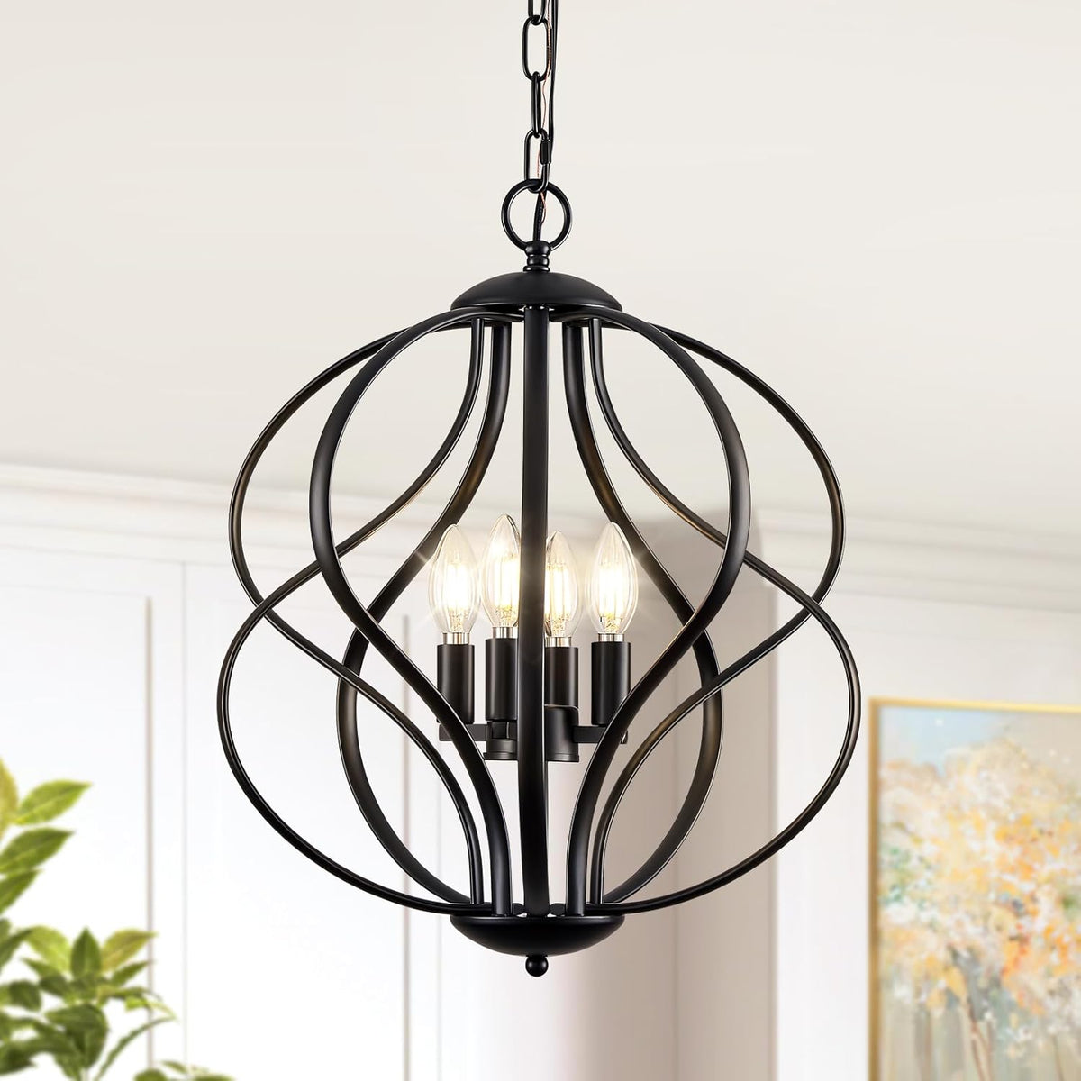 Modern Black Chandelier for Dining Room, 4 Lights Geometric Chandeliers, Sphere Chandelier Industrial Large Pendant Light Fixtures Hanging for Kitchen, Entryway, Foyer, Stairs