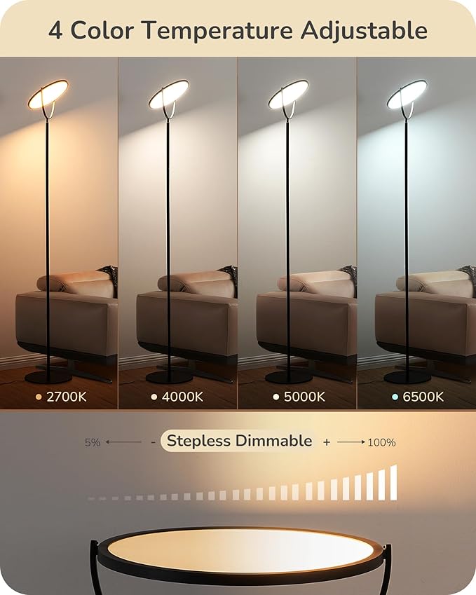 EDISHINE 76" Tall Floor Lamp, 28W 2500LM Bright LED Lights for Living Room, 300° Flexible Head Reading Lamps with Remote, 2700K-6500K Dimmable Minimalist Torchiere Corner Lamp for Bedroom Office Black