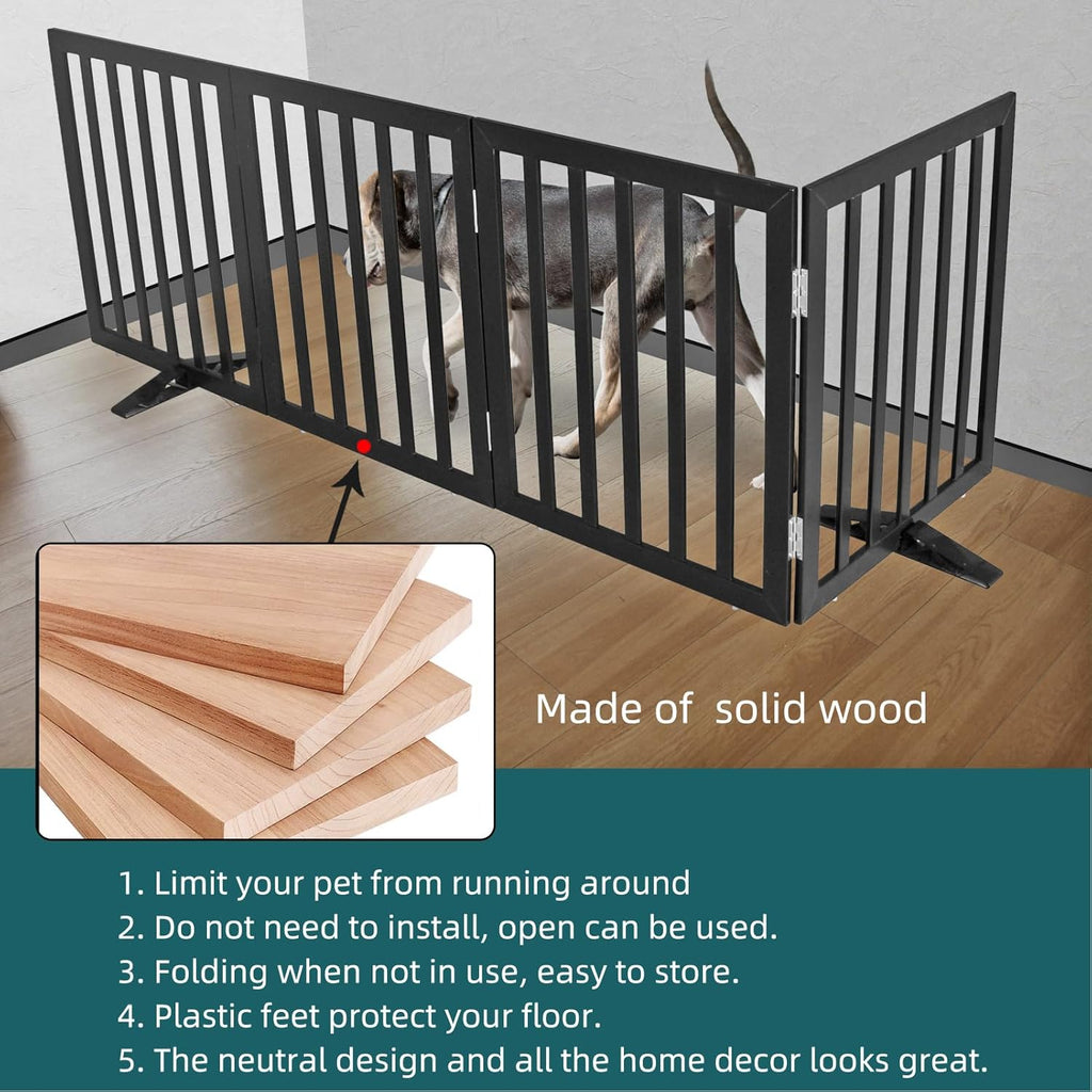 ZJSF Freestanding Indoor Dog Gate for House Foldable Wood Puppy Gate for Doorways Pet Gate for Stairs Extra Wide Pet Fence, Black, 24" Height 4 Panels