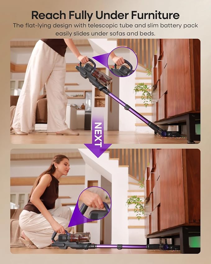 AlloyMove Cordless Vacuum Cleaner 45KPA, Up to 60mins Runtime Lightweight Powerful Suction Vacuum Cleaners for Home, 3 Suction Modes, Rechargeable Stick Vacuum for All Floor/Carpet/Pet Hair/Car, A03