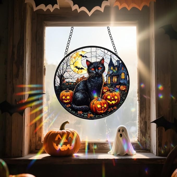 Halloween Sun Catcher - 8 Inch Round Suncatcher for Window Hanging Decoration - Creates Indoor Rainbows Light Refraction - Spooky Ghost, Witch, Pumpkin Design - Suction Cup Hook & Chain