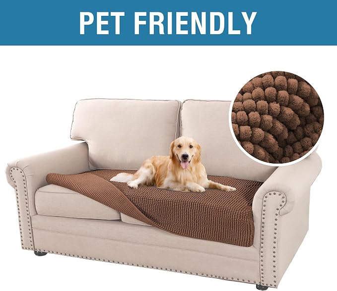 H.VERSAILTEX Plush Chenille Dog Bed Cover Thick Soft Loveseat Cover for 2 Cushion Couch Anti Slip Couch Cover Furniture Protector for Dog, Pet, Cat (35" x 62", Caramel)