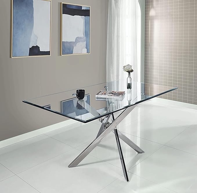 51-Inch Glass Dining Room Table for 4-6 People, Modern Rectangular Kitchen Dining Table with Silver Cross-Shape Stainless Steel Legs for Apartment Kitchen Dining Room