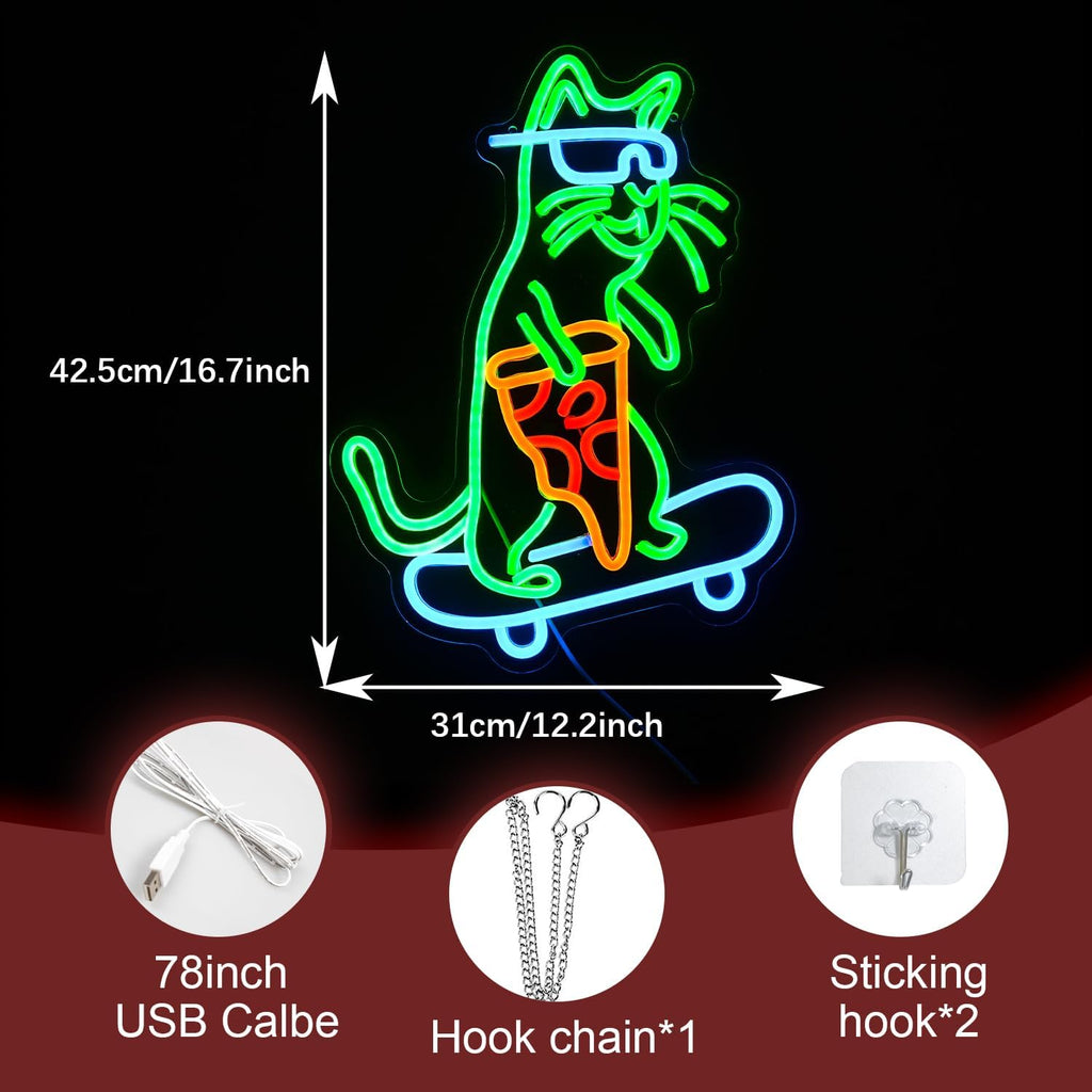 Skateboard Cat Neon Sign LED Cool Glasses Cat Neon Light for Wall Decor Pizza Neon Light Sign Dimmable USB Cat Pizza Light Up Sign for Bedroom Pizza Restaurant Pet Shop Gift (16.7 "*12.2 ")