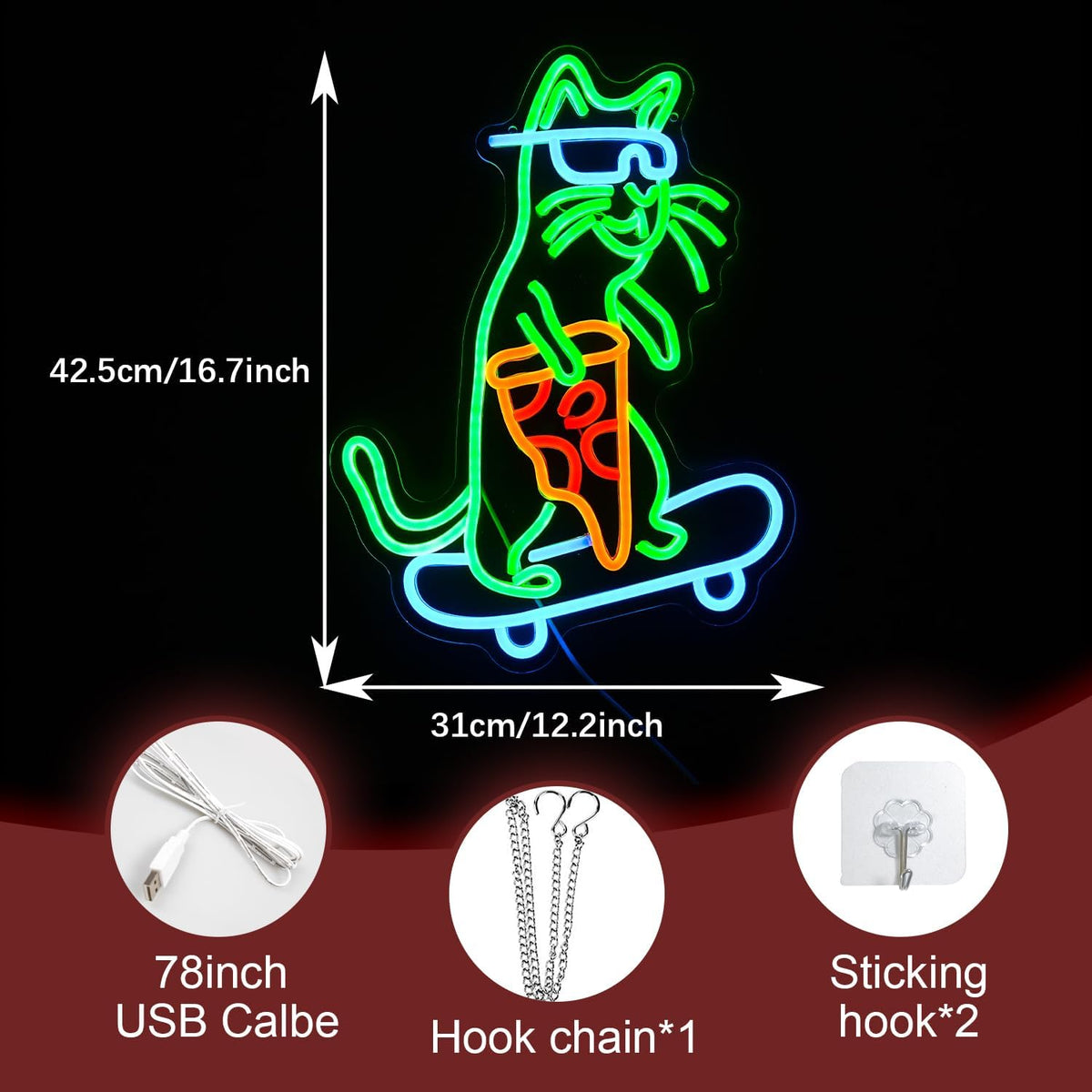 Skateboard Cat Neon Sign LED Cool Glasses Cat Neon Light for Wall Decor Pizza Neon Light Sign Dimmable USB Cat Pizza Light Up Sign for Bedroom Pizza Restaurant Pet Shop Gift (16.7 "*12.2 ")