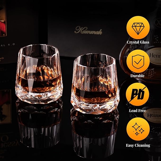 KAMMAK Crystal Whiskey Glasses Set of 2, 10 oz Handcrafted Old Fashioned Glass, Lead-Free Tumbler Glass with Delicate Rim, Seamless Modern Design & Thick Stable Base for Cocktails, Scotch, Bourbon