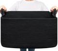 Goodpick Large Blanket Basket Living Room, 21.6" x 14.9" x 11.8" Woven Storage Basket for Blankets, Toys, Rectangle Rope Dirty Clothes Baskets for Nursery, Bedroom, Black