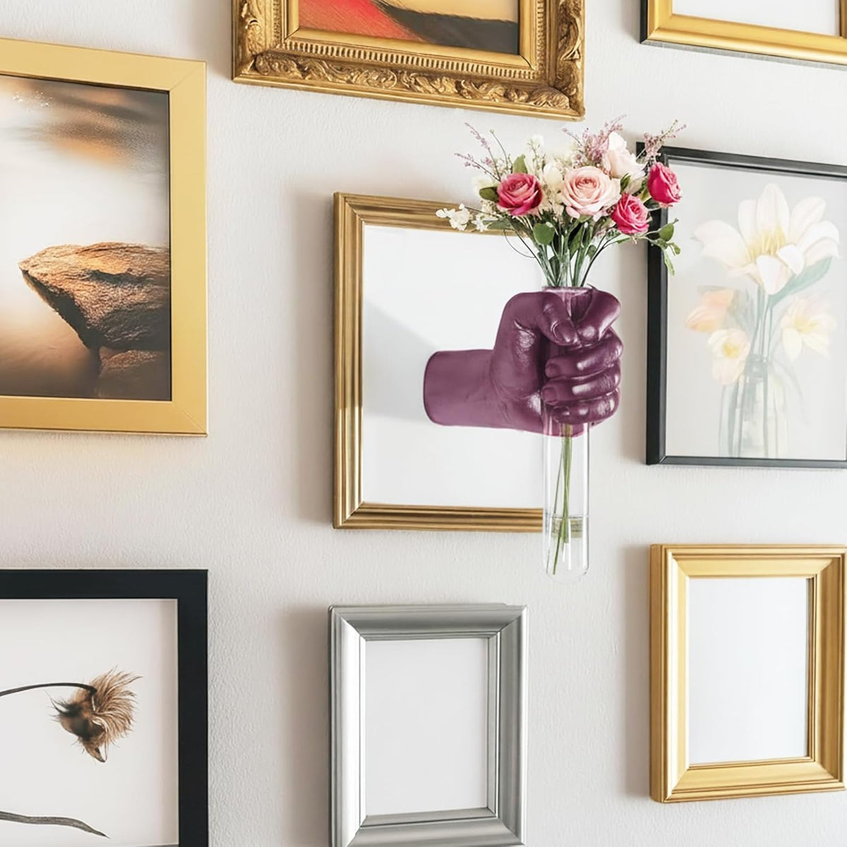 Creative Wall Hanging Sculpture, Artistic Wall Hanging Hand Sculpture with Test Tube vases, Home Decoration Hand Against Wall (Purple)
