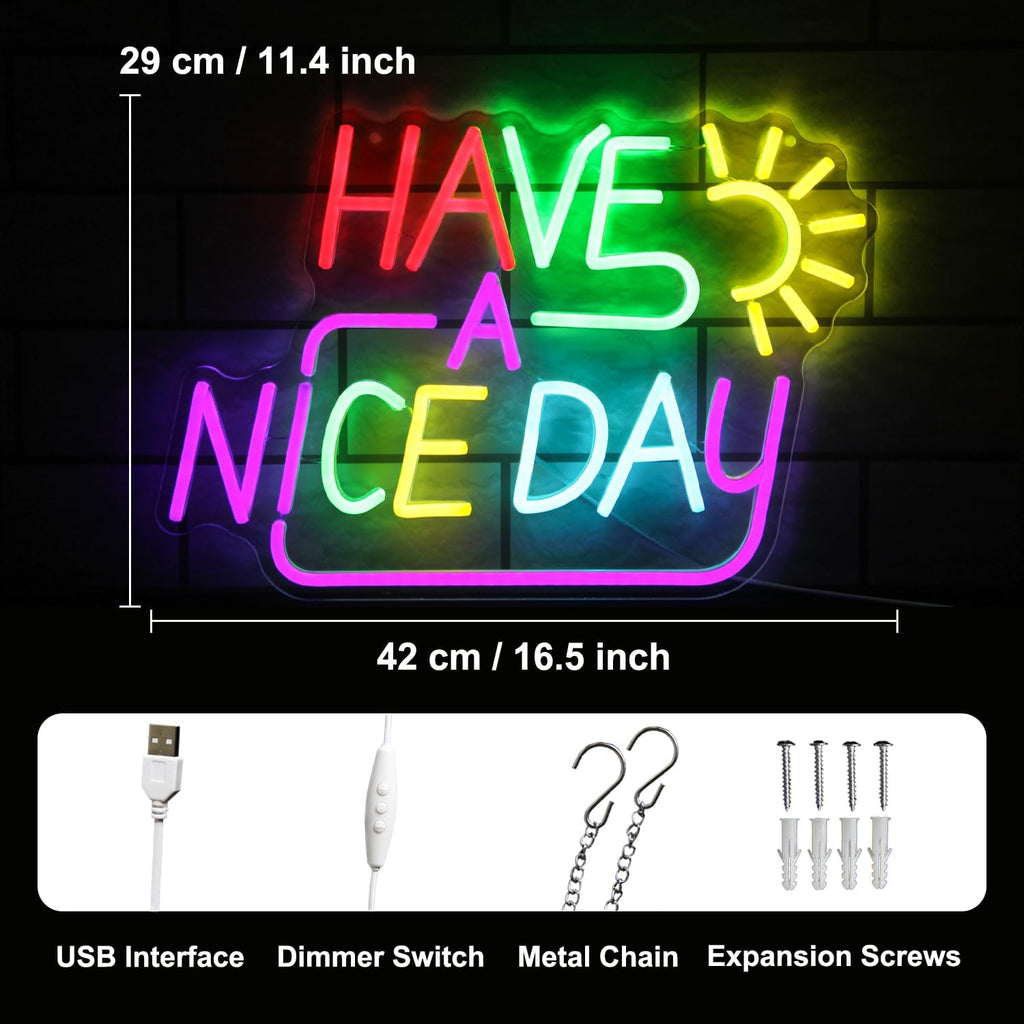 Have A Nice Day Neon Sign for Wall Colorful Letter Neon Light Sun LED Neon Lights Signs Dimmable Words Light Up Signs for Bedroom Living Room School Office Dorm Party Decor Kids Gifts