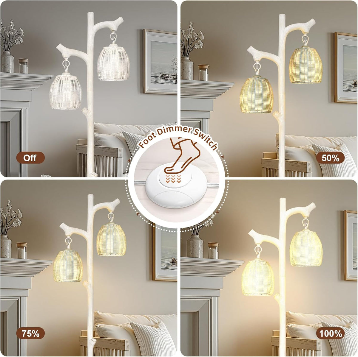 Scenekoy Rustic 68” Tall Floor Lamp with Rattan Shade, Retro Standing Lamp Tree Trunk Washed White Finish & Resin Body, Dimmable Corner Lamp with Bulb Prefer for Living Room Bedroom Home Decor