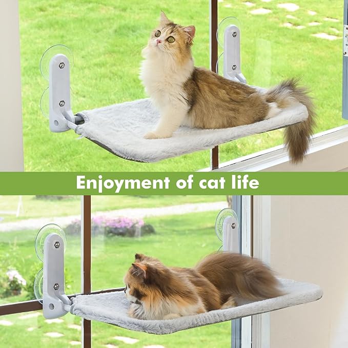 2PC Cat Window Perch Cordless Foldable Cat Hammock Bed for Window with Metal Frame and Reversible Cover, Large Suction Cups Window Resting Seat for Indoor Cats (Cat Bed, L-2PC)