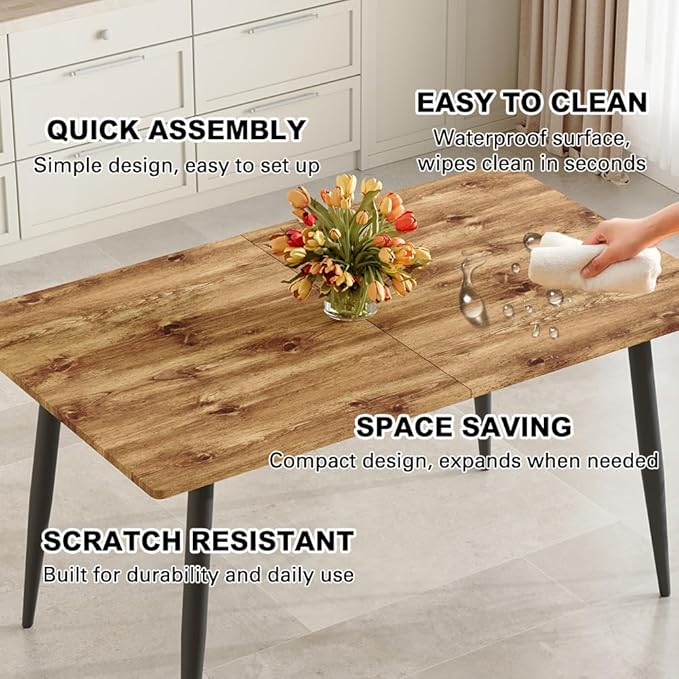 59"-75" Wood Extendable Dining Table for 6–8, Farmhouse Rectangular Dining Room Table with Black Metal Legs, Rustic Wood Grain MDF Top, Modern Space-Saving Dinner Table for Kitchen or Apartment
