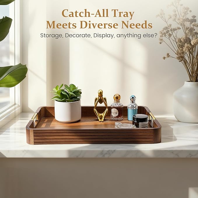 Acacia Wood Serving Tray with Metal Handles – 17x12in Rustic Decorative Ottoman & Coffee Table Tray for Breakfast in Bed, Dinner, Bar, Kitchen, Home Décor & Entertaining