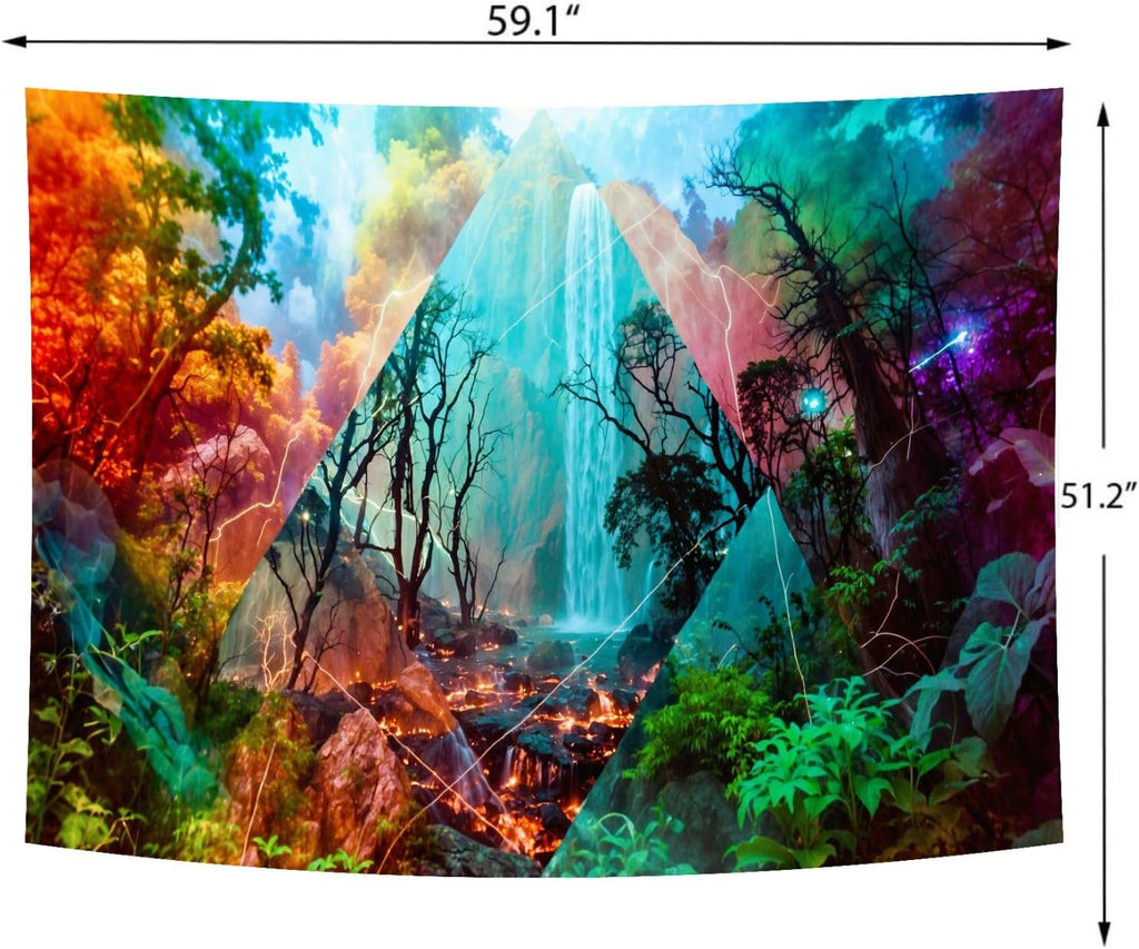 Delur Forest Tapestry Waterfall Mountain Rainforest Sunset Nature Tree Tapestry Wall Hanging Scenic Tropical Landscape Natural Sunrise Headboard for Bedroom Living Room Home Decor (51.2" x 59.1")