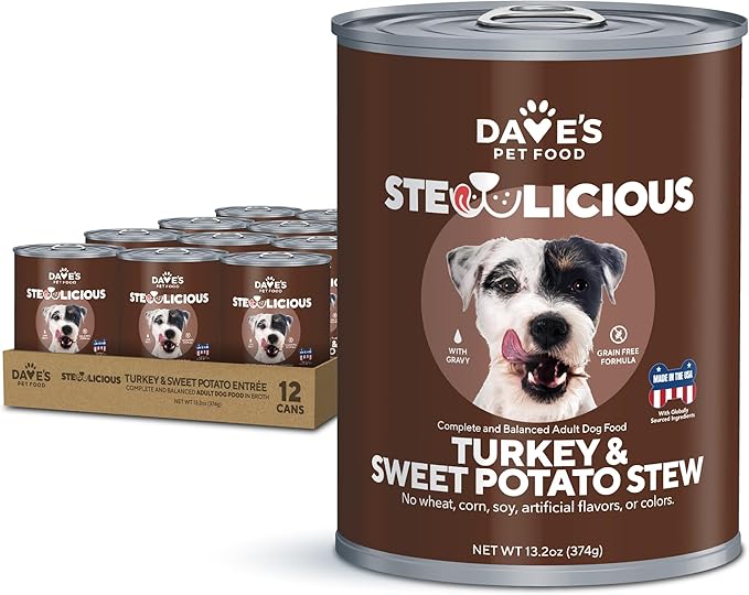 Dave's Pet Food Stewlicoius Grain Free Wet Dog Food (Turkey & Sweet Potato in Gravy), Made in USA Naturally Healthy Canned, Gluten Free Topper, 13.2 oz (12 Pack)