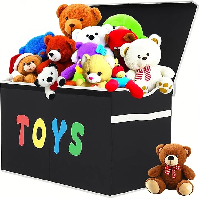 Toy Box Chest, Collapsible Sturdy Storage Bins with Lids, Extra Large Kids Toy Storage Organizer Boxes Bins Baskets for Kids, Boys, Girls, Nursery Room, Playroom, Closet (BLACK)