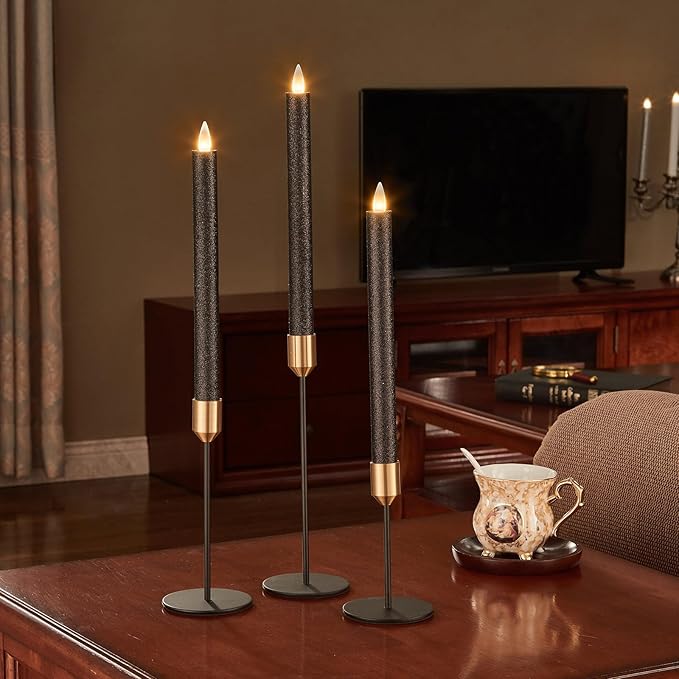 Flameless Taper Candles Flickering with Remote and Timer, 3D Moving Flame Taper Candle Battery Operated to 400 Hours, 9 Inch Window Candles, (Glitter Black)