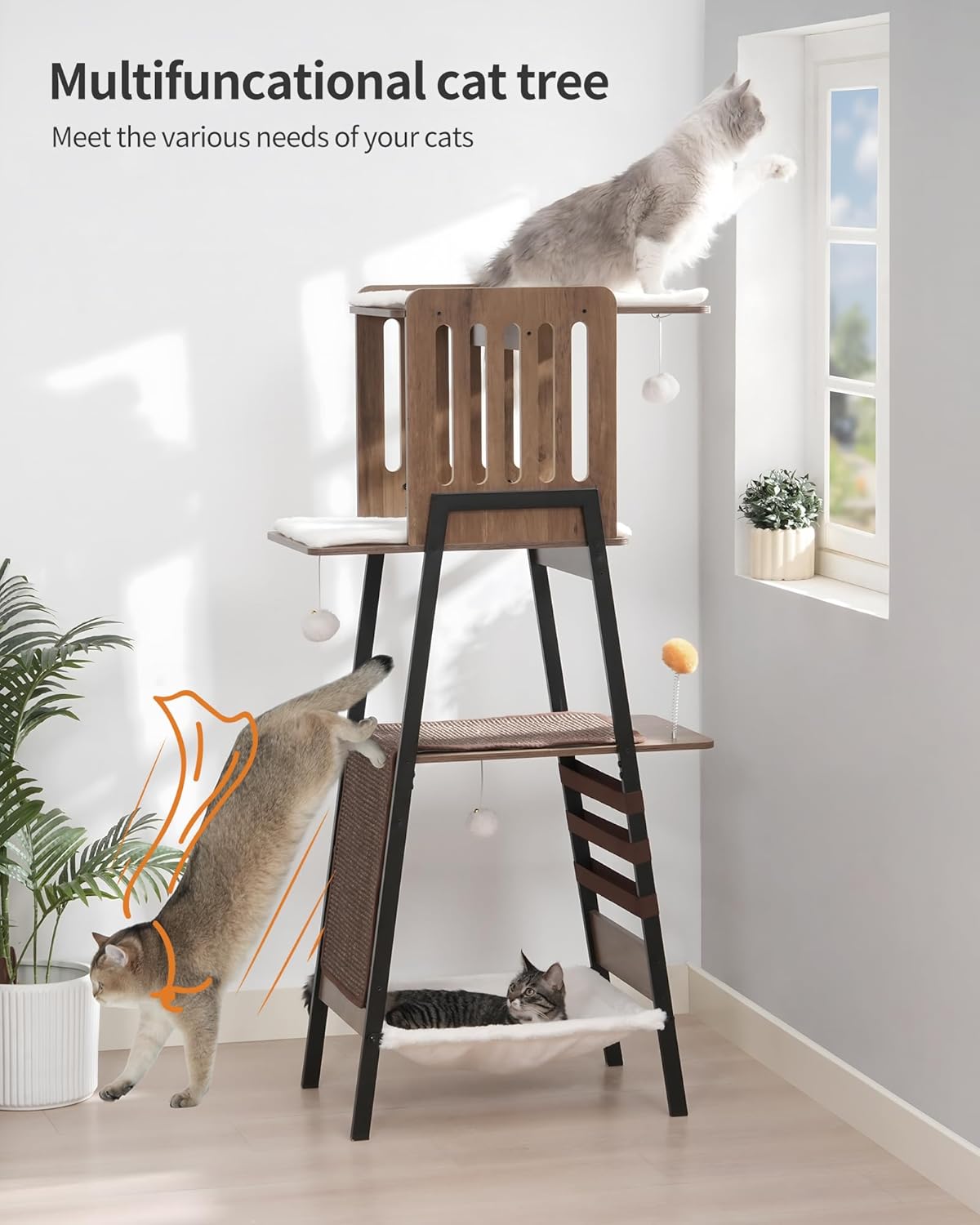 FourFurPets Modern Cat Tree, 58-Inch Cat Tower for Large Cats, Maine Coon Cat Tree with Scratching Board, Large Perch, Hammock and Removable Pads, Greige