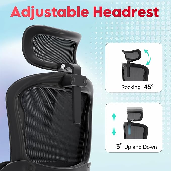 Ergonomic Office Chair - 400LB Comfy Desk Chairs with Adjustable Headrest and Lumbar Back Support, Mesh Computer Chairs with Wheels and Arms for Home Office, Study, Bedroom and Dorm (01grey)
