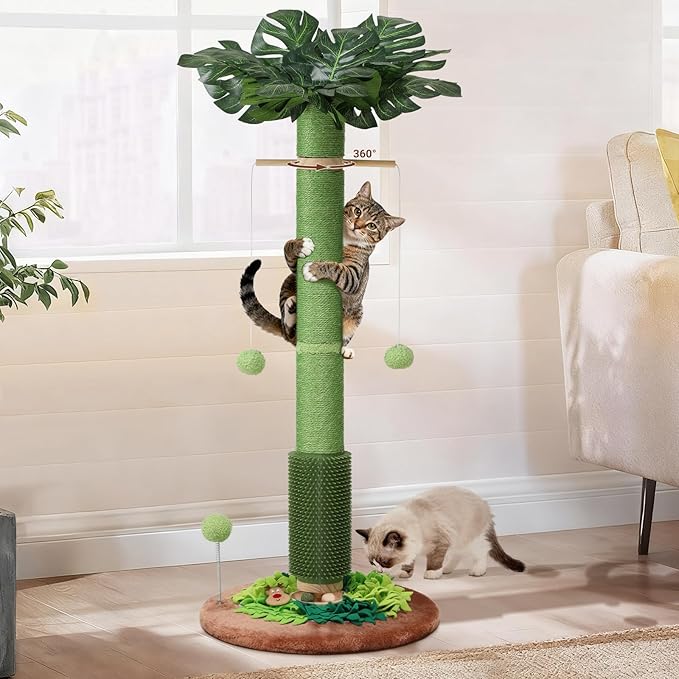 Cat Scratching Post, 40" Tall Palm Tree Scratch Post for Cats, Sisal Scratching Posts for Indoor Cats Adults with Hanging Cat Toys, Self-Grooming Brush, Snuffle Mat and Interactive Wooden Ball Track