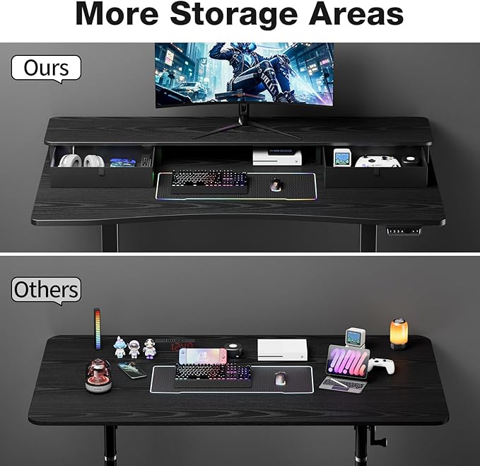Veken 47.2"×27.6" Standing Desk with Storage Drawers, Adjustable Height Computer Table with Monitor Shelf, Home Office Desk for Study, Gaming, Workstation, Black