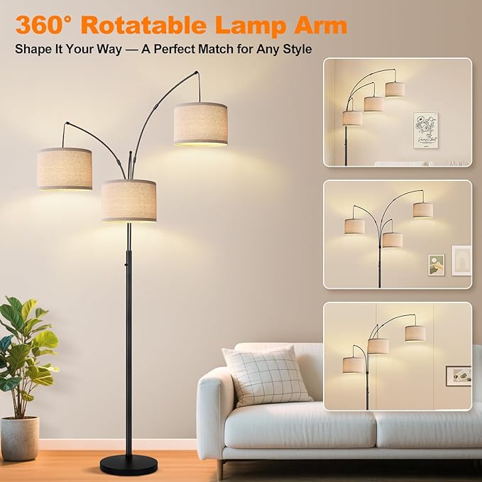 Dimmable Floor Lamp - 3 Lights Arc Floor Lamps for Living Room, 1000LM Modern Tall Standing Lamp With Beige Shades & Heavy Base, Mid Century Tree Floor Lamp for Bedroom Office, 3 LED Bulbs Included