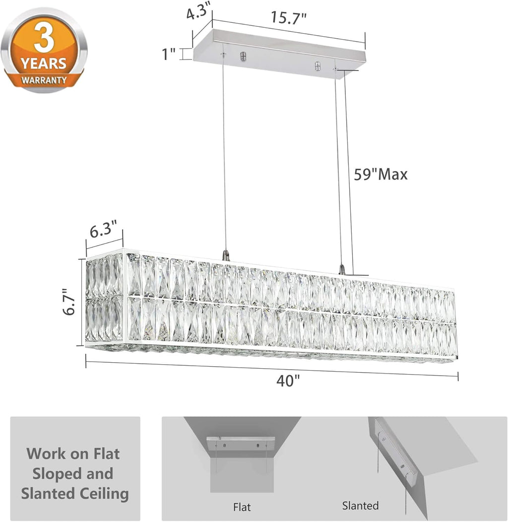 IKK Modern Rectangle Chandelier for Dining Room, Crystal Chandeliers with Stainless Steel in Chrome, Large Rectangular Pendant Light for Kitchen Island L40 x W6.7 x H6.3
