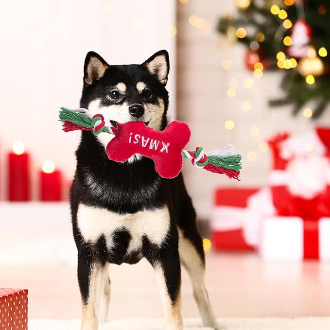 PUPTECK Christmas Dog Squeaky Chew Toys - 3 PCS Funny Santa Plush Stuffed Toys for Puppy Pet Tugging Playing