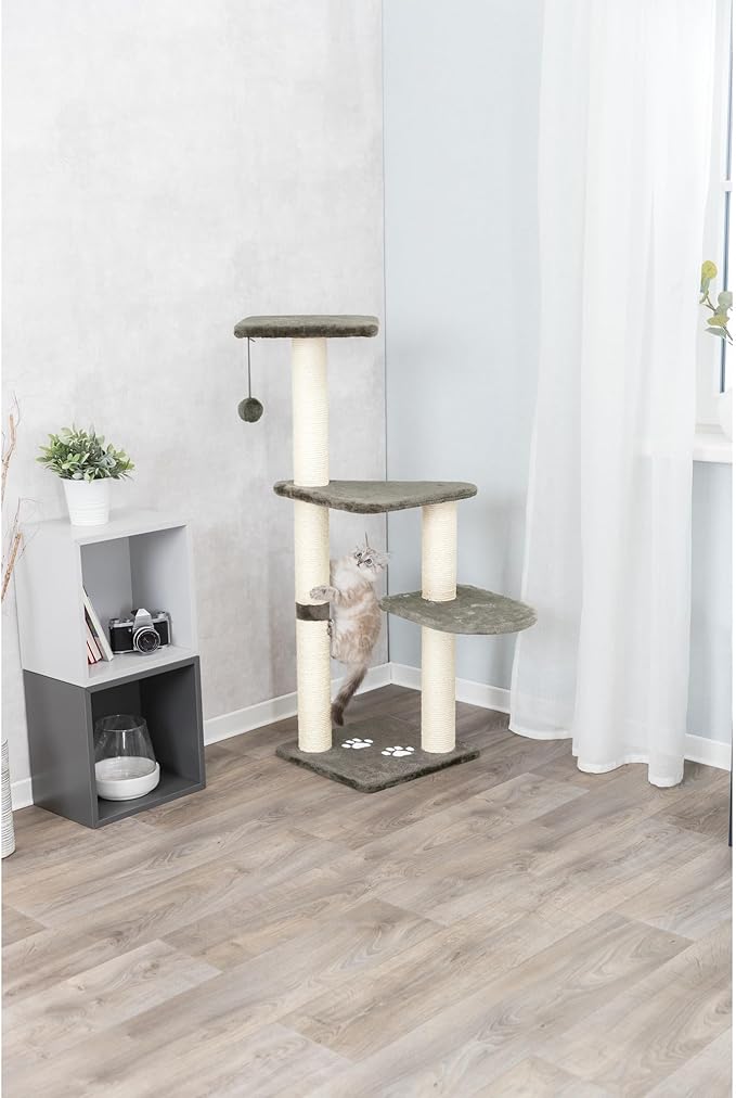 TRIXIE Altea Cat Tree, Tall Scratching Posts, 3 Elevated Platforms, Dangling Cat Toy, Cat Playground, Platinum Gray