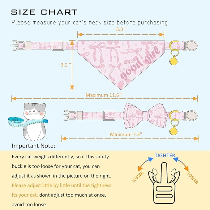 Faygarsle 2 Pack Pink Bow Pattern Cat Collar Set with Bandana and Bowtie, Breakaway Safety Collar with Bell Spring Summer Design for Girl Cats