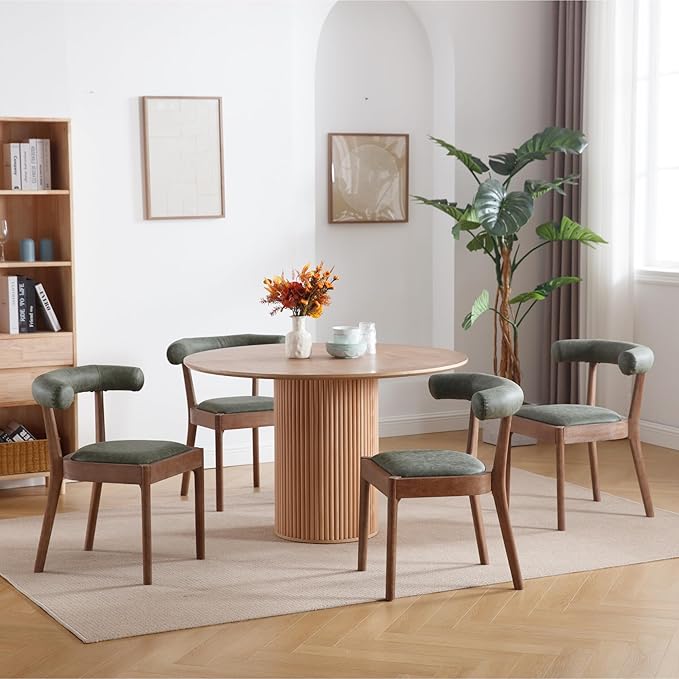 Kmax Dining Room Chairs, Mid-Century Modern PU Kitchen Chairs with Natural Walnut Finished Frame, PU Curved Back, Set of 2, Green