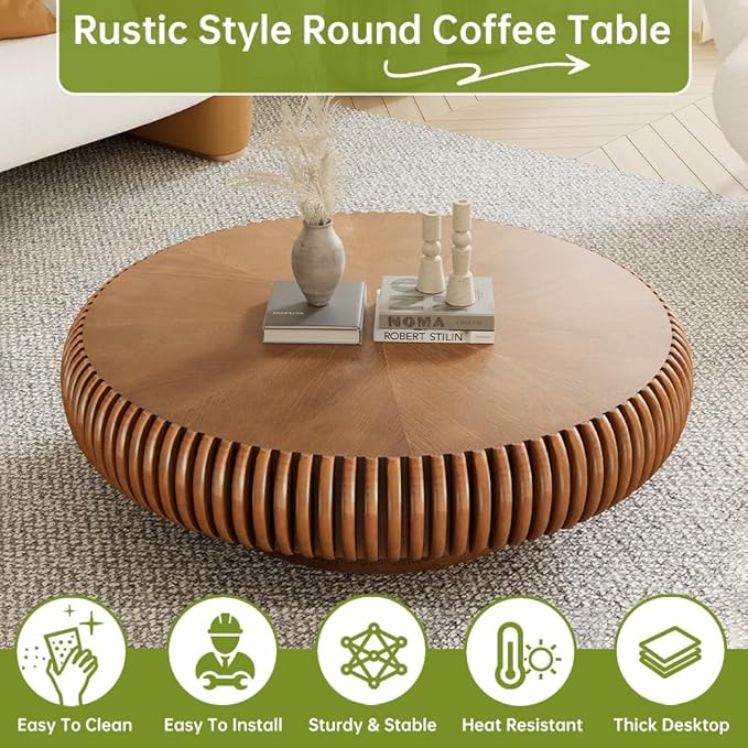 Brown Round Coffee Table for Living Room Round Fluted Drum Coffee Table Modern Fluted Coffee Tables for Living Room (Brown, 31.4 inch)