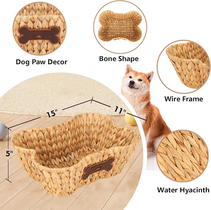 Wicker Basket for Pet Toys, 2 Pack Stylish and Natural Dog and Cat Toy Basket, Dog Storage Organizer with Bone Shape