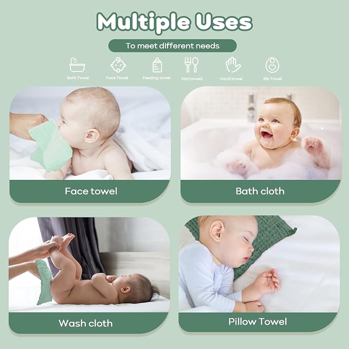 Yoofoss Muslin Baby Washcloths 100% Organic Cotton Face Towels 10 Pack Wash Cloths for Baby 12x12in Soft and Absorbent Baby Wipes (Gradient Green)