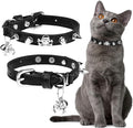 EXPAWLORER Leather Cat Collar for Girl Boy- Adjustable Pet Collar with Safety Elastic Belt,Personalized Punk Accessories Buckle Collars with Bell & Durable D-Ring,Rivet(Black)