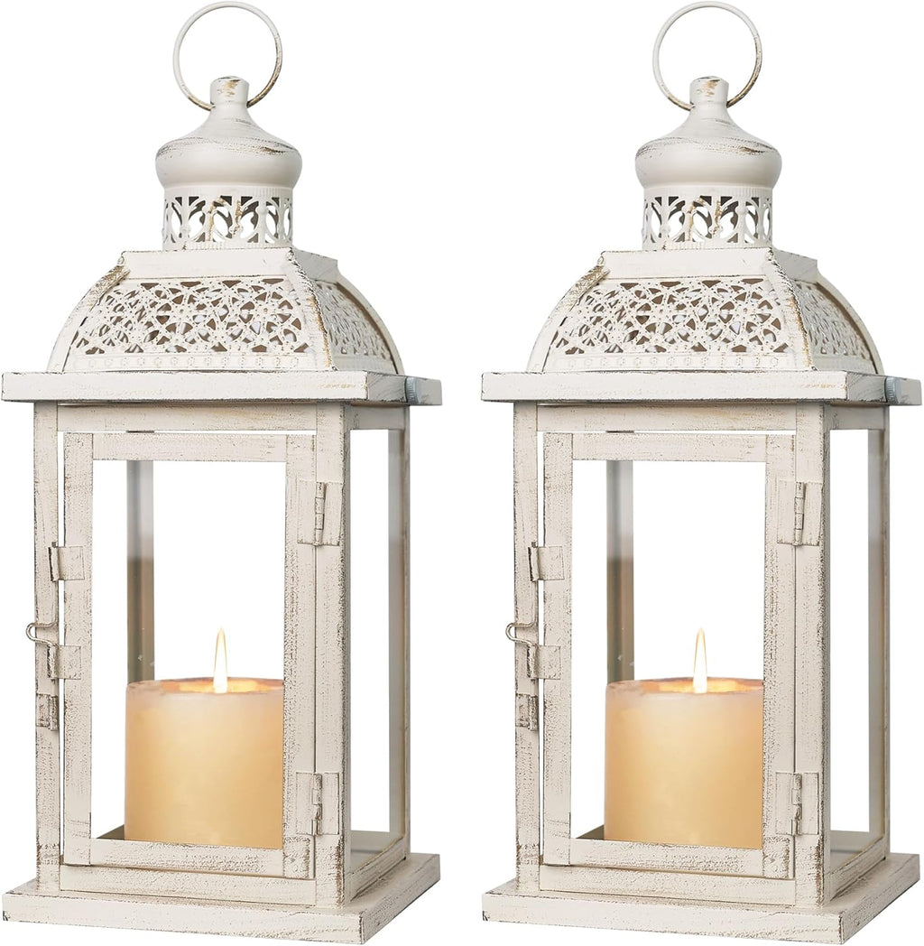 DECORKEY Lantern Decorative Indoor&Outdoor, 2 Pack 14.4'' Large Metal Candle Lanterns, Vintage Hanging Candle Holders for Farmhouse Wedding Front Porch Patio, Halloween Christmas Decorations for Home