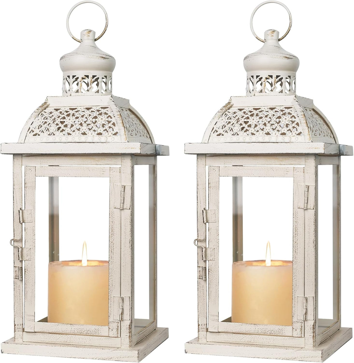DECORKEY Lantern Decorative Indoor&Outdoor, 2 Pack 14.4'' Large Metal Candle Lanterns, Vintage Hanging Candle Holders for Farmhouse Wedding Front Porch Patio, Halloween Christmas Decorations for Home
