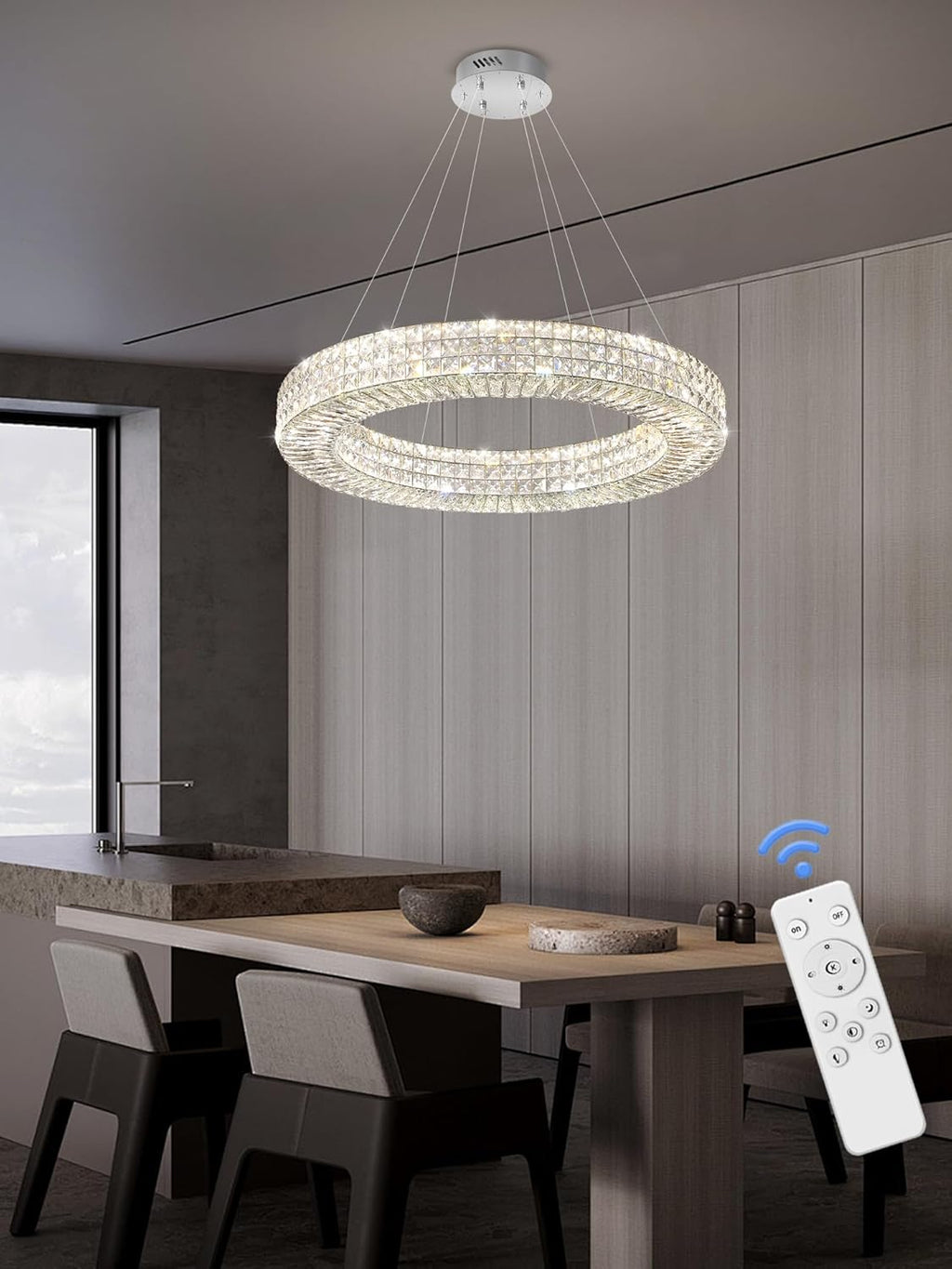 Dia 32" Ring Crystal Chandelier Modern Silver Ring Chandelier Adjustable Height Luxury Crystal Pendant Ceiling Light Fixture for Dining Living Room Bedroom
