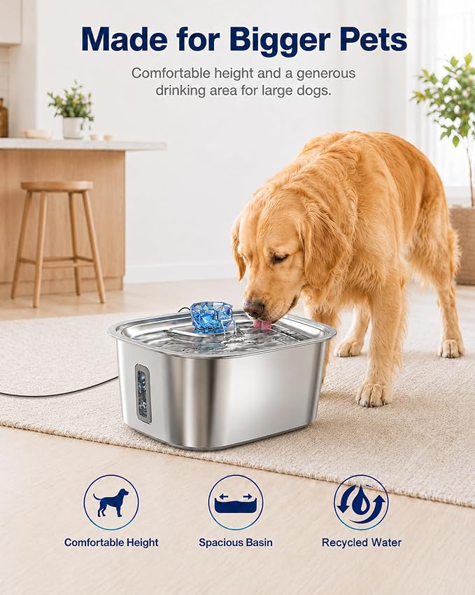 PETNF 3-Gallon Stainless Steel Dog Water Fountain for Large Dogs, Dog Water Bowl Dispenser with 2 Filters, Visible Water Window, Quiet Pump & LED Low-Water Indicator