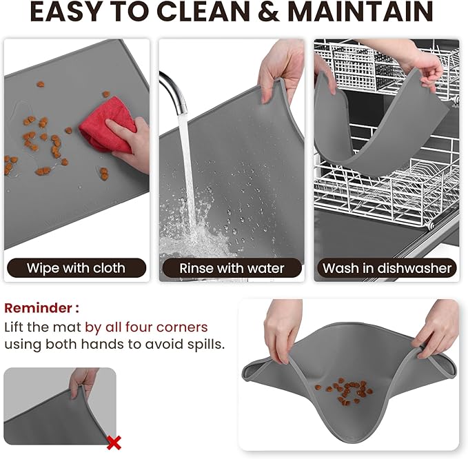 VIVAGLORY Dog Bowl Mat Grippymat Pet Food Mat, Waterproof Washable Nonslip Silicone for Pet & Cat, Food and Water Placemat with Lip & Raised Edges for Indoor Floor, S, Chocolate