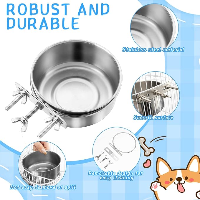 Zubebe 8 Pcs Stainless Steel Hanging Dog Crate Bowls, Non-Spill Kennel Food Water Bowls with Screw Clamp Attach Holders, Removable Mountable Metal Cage Feeder for Pet(19 oz)