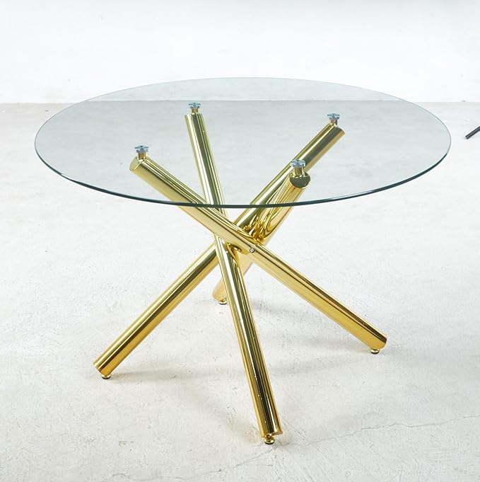 47.24" Round Dining Table for 6 8, Modern Clear Glass Kitchen Table for 6 with Gold X Metal Legs, Contemporary Circle Dining Room Leisure Dinner Tables for Kitchen Apartment