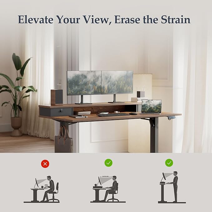 Klicelor 63 Inch Electric Standing Desk with Drawers, Adjustable Height Small Sit Stand Desk for Home Office, Compact Computer Workstation with Storage– Rustic Brown