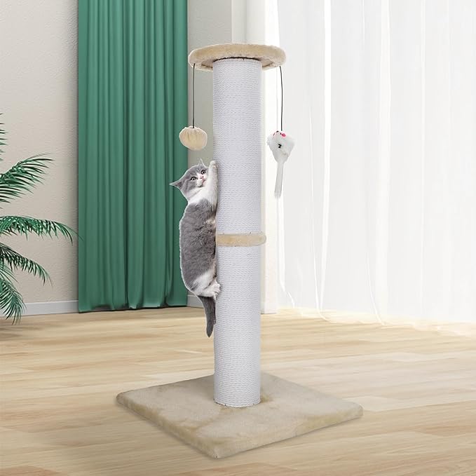 Cat Scratching Post 34 Inches Heavy Duty and Thicker Cat Scratching Post Sisal Rope with Hanging Ball and Mice Scratching Post for Indoor Cats and Adult(Beige)