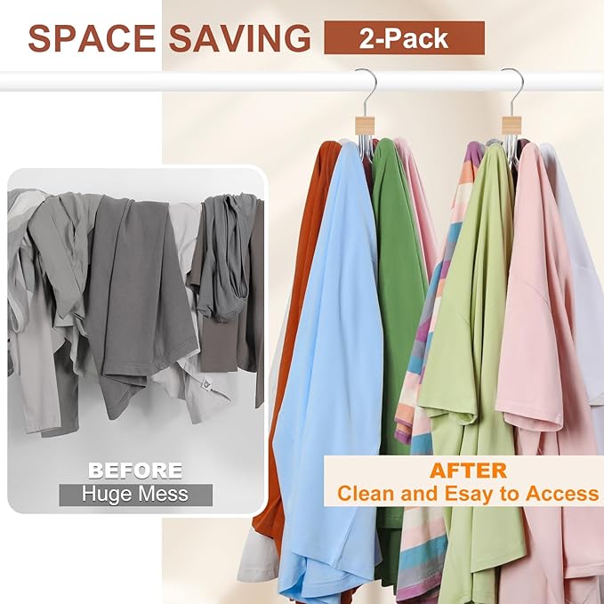 TOPIA HANGER Sweatshirt Hangers 2-Pack with 6 Wooden Balls, Purse Hanger, Scarf Hanger, Wooden Closet Hooks, Handbag Organizer, Bra Hanger, Accessory Organizers for Scarf, Tanktop, Hat, Hoodie CT82N